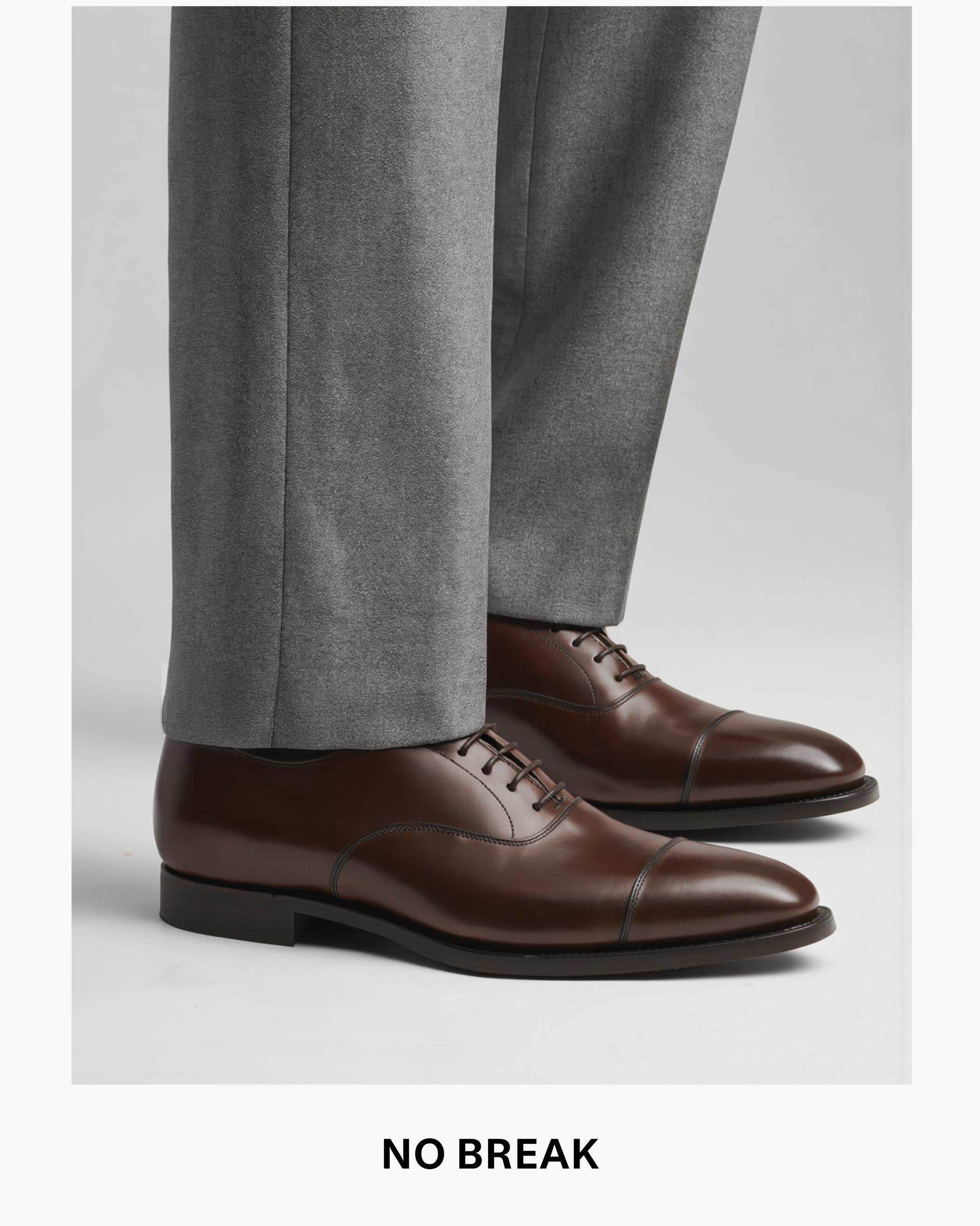 Elegante braune Herrenschuhe mit Schnürung und graue Anzughose mit moderner Hosenlänge ohne Bundfaltenabschluss.