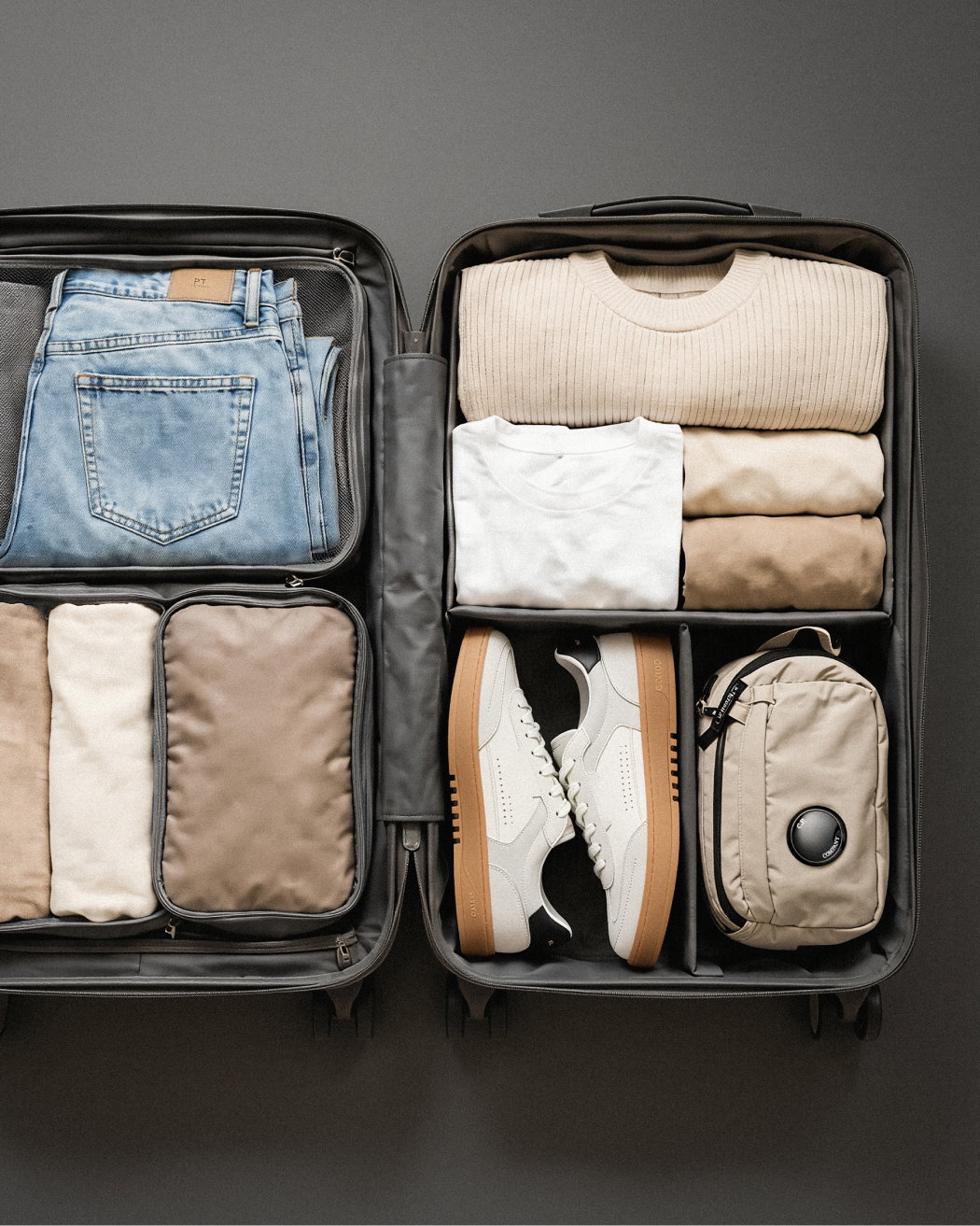 Offener Koffer mit ordentlich gepackten Jeans, Pullovern, T-Shirts, weißen Sneakern und einem kleinen Necessaire.